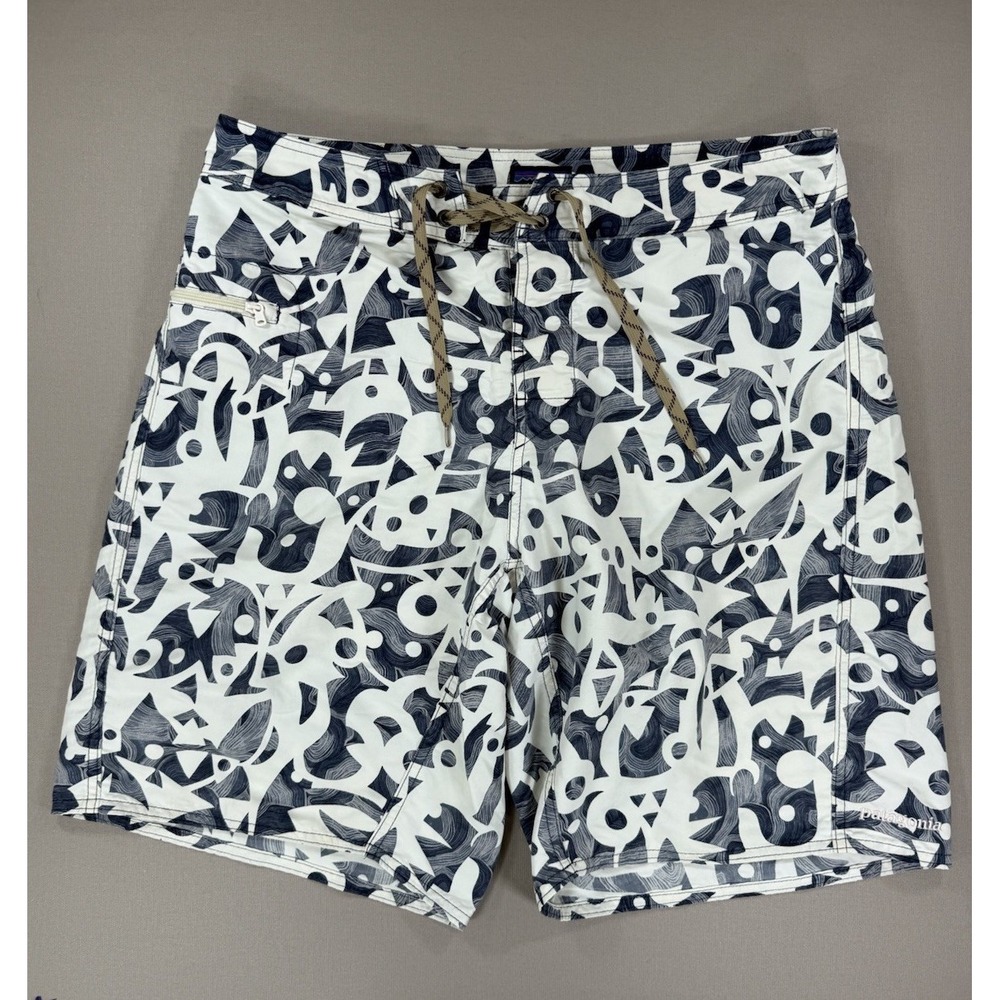 Patagonia Board Shorts Men's 33 Swim Trunks Gray White Blue Abstract Logo Ocean